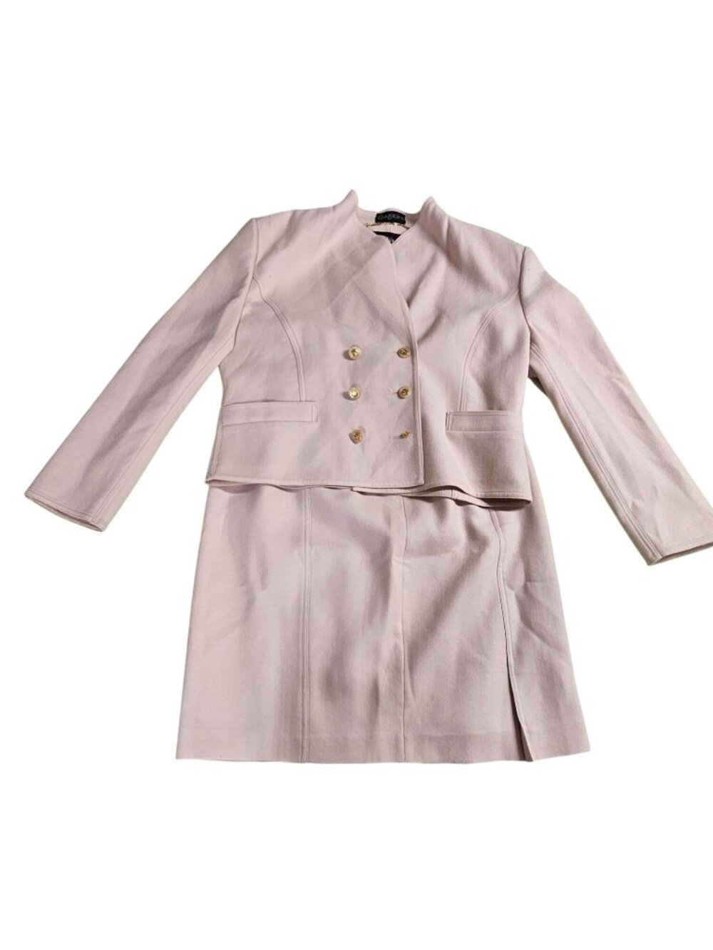 Vintage 80s Louis Feraud Wool Skirt Suit US 12 Pink Gold Buttons W Germany